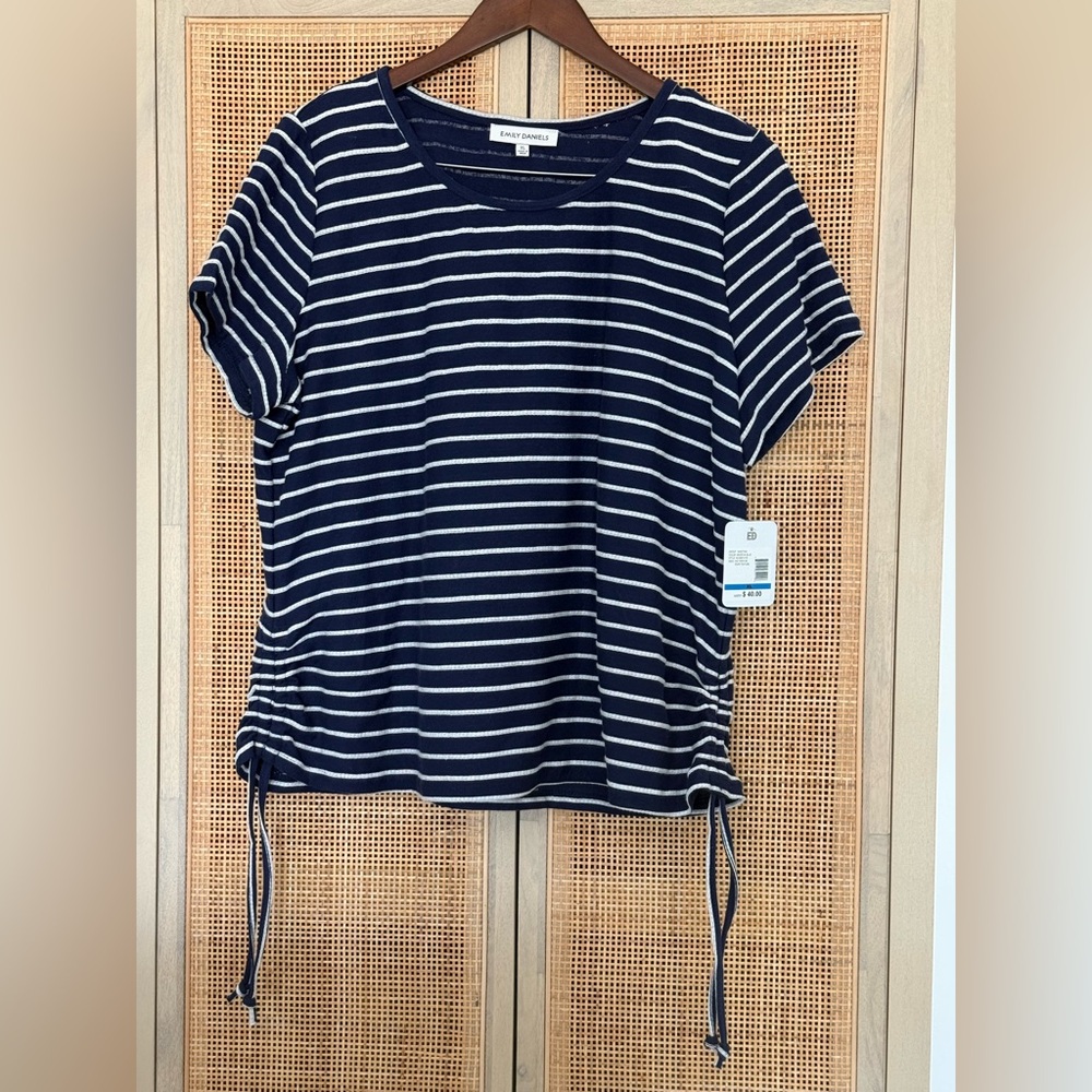 Navy Striped Women's Short Sleeve Top With Ruched Drawstrings, XL, NWT